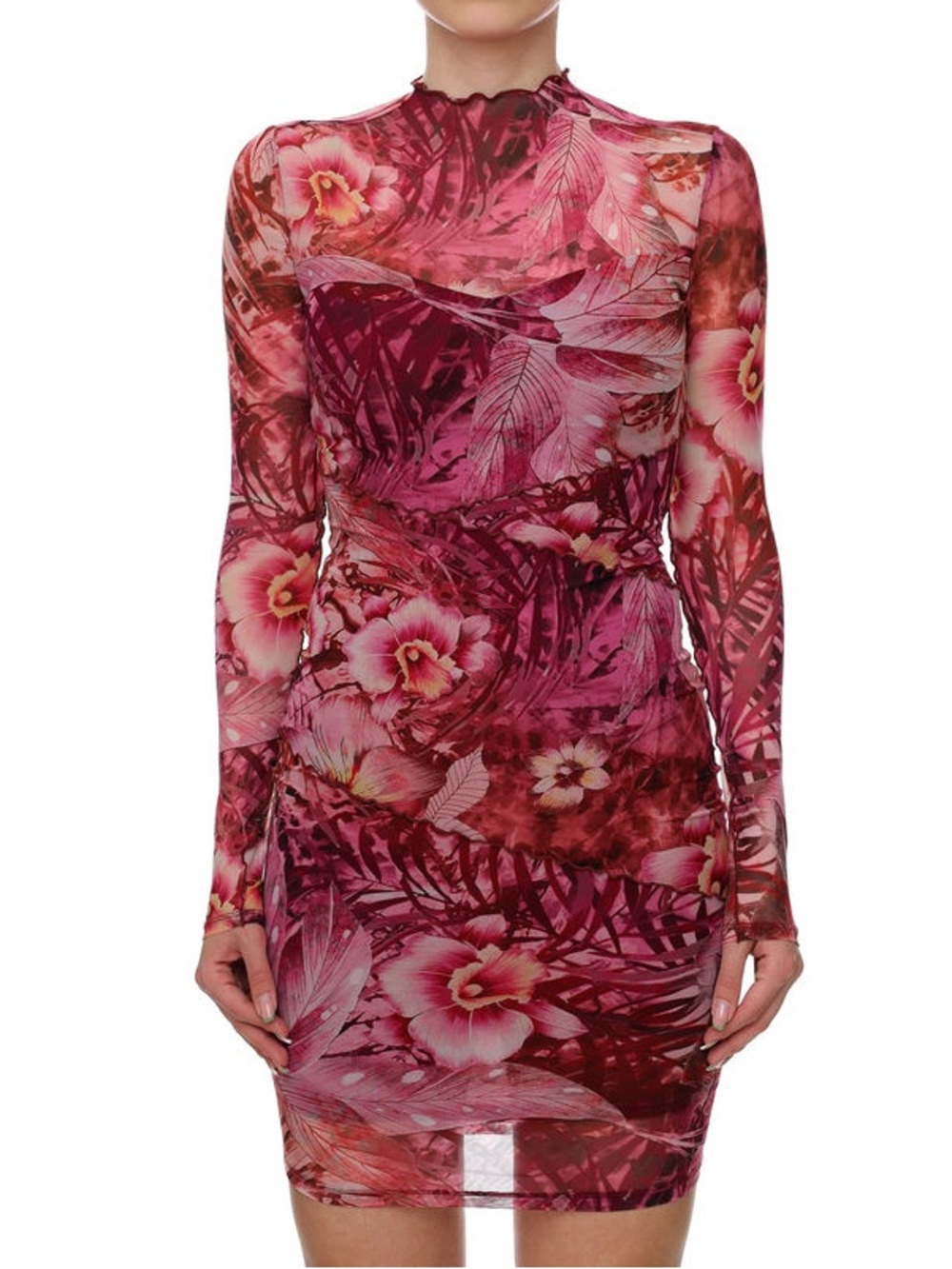Guess Pink Floral Sheer Long-Sleeve Bodycon Dress
